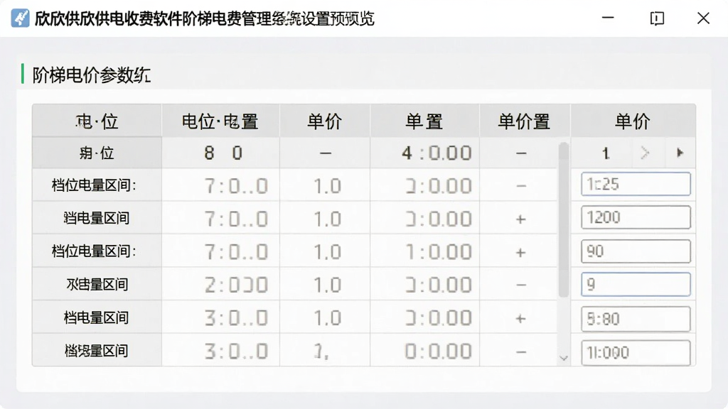 欣欣供电收费软件阶梯电费管理系统电价设置界面预览图,界面展示阶梯电价参数配置表格,包含档位电量区间、单价输入框,背景为浅灰色,整体简洁清晰,画质干净