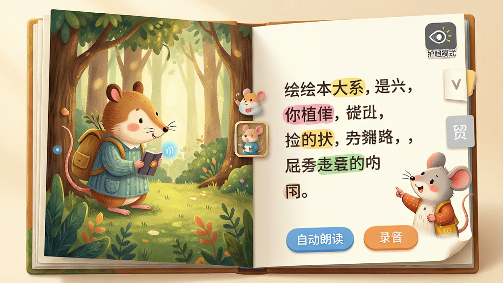 ���壺���汾��ϵ��Ӧ���ڵĵ��ӻ汾�Ķ�ҳ�棬̯����һ�������顣���֣�ҳ������ǷŴ�Ĺ��²廭���Ҳ�����ͼ���֣��ײ��С��Զ��ʶ����͡�¼������ť���Ű棺���ִ���������ؼ������ò�ɫ��ע���廭ϸ�ڷḻ���пɴ����Ķ���С���ء������ܰϸ��Ļ汾�廭��񣬹�����͡�ϸ�ڣ���Ļһ����ʾ�з�ҳ�Ķ���Ч����һ���ɰ���С�����ɫ����ָ�����ֽ����ʶ��������С�����ģʽ��������ͼ�ꡣ���ʣ�����ϸ�壬�ɾ����޶���Ԫ�ء�