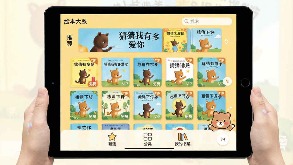 ���壺һ����Ϊ���汾��ϵ���Ķ�ͯ�汾�Ķ�Ӧ�ý��棬չʾ��ƽ������ϡ����֣���Ļ������ʾɫ�ʰ�쵵Ļ汾����ǽ���·��С���ѡ���������ࡱ�����ҵ���ܡ��ȵ���ͼ�ꡣ�Ű棺����������״�������У��Ϸ�����Ƽ�λչʾ���²����жమ�㡷��������Ŀ����񣺱�ƽ����ƣ�������ܰ�Ķ�ͯ�廭�����ɫ��Ϊ��͵Ķ����������ϸ�ڣ�ÿ���汾���涼�����ɼ����С���ѡ���VIP��С��ǩ���������������Ϳɰ���С�����������������ʣ����壬�ɾ����޶���Ԫ�ء�