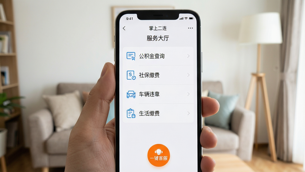 �ֻ���Ļ��ͼ��д��չʾ�����϶�����APP�ķ������ҳ�档ҳ�汳��Ϊ�ɾ��İ�ɫ�����б���ʽ���������š��������ѯ�������籣�ɷѡ���������Υ�¡���������ɷѡ�����ڣ�ÿ�����ǰ����һ��������ɫ����ͼ�ꡣҳ��ײ���һ����Ŀ�ĳ�ɫԲ�Ρ�һ���ͷ���������ť���ֻ���һֻ����ס�������Ǽ�ͥ�����Ļ�������ɳ������صƵ�����������������Ȼ������۽���Ļ���ݣ���ͼ���������дʵ����������ϸ�壬�ɾ��޶���Ԫ�ء�