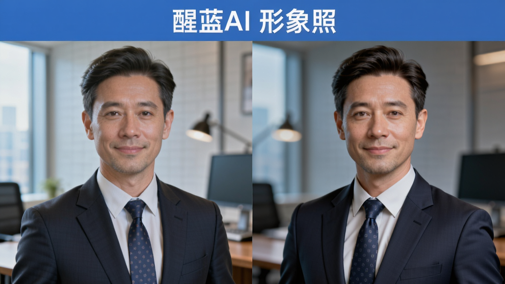 一张展示醒蓝AI形象照生成效果的对比图风格图片,左侧为普通生活照,右侧为AI生成的商务形象照,人物穿着深色西装,打着领带,背景为虚化的办公室环境,整体光线柔和,人物表情自然,画面上方有标题栏显示“醒蓝AI 形象照”,风格为写实摄影,画质细腻,无多余元素