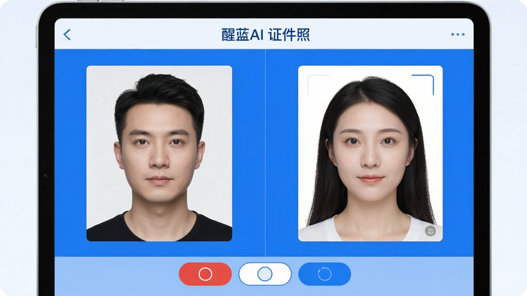 一张展示醒蓝AI证件照功能的界面截图风格图片,画面主体为一部平板电脑,屏幕上显示证件照制作页面,左侧为原始人像,右侧为处理后的标准证件照,背景色为纯蓝色,底部有红色、白色、蓝色三个底色选择按钮,整体界面布局清晰,风格简洁明亮,突出智能证件照的便捷性,画质干净,文字标注“醒蓝AI 证件照”