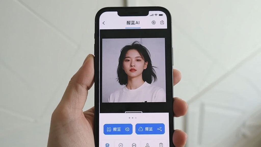 一幅展示醒蓝AI在手机上运行的实拍风格图片,画面中一只手拿着手机,屏幕显示醒蓝AI的编辑界面,背景为室内白色墙壁,光线自然,手机屏幕中展示一张人像照片与功能按钮,画面干净,突出移动端使用的便捷性,无多余元素,文字标注“醒蓝AI”
