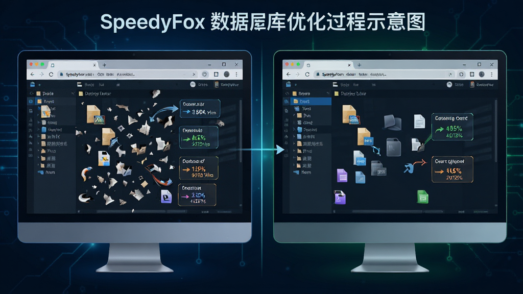 SpeedyFox数据库优化过程示意图,主体为电脑屏幕中展示的浏览器数据库文件结构,布局为前后对比效果,左为杂乱碎片,右为整齐有序,排版直观,风格科技感,细节包含文件大小变化数据标注,画质清晰,无多余元素