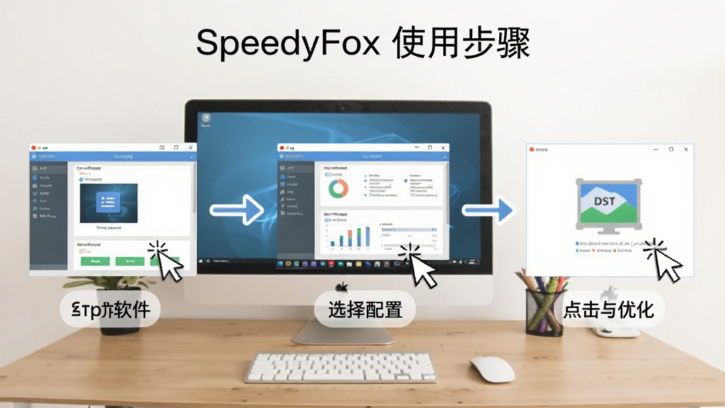 SpeedyFox使用步骤图,主体为电脑桌面上的软件操作窗口,布局为分步指示,包含打开软件、选择配置、点击优化三个步骤,排版为流程图样式,风格清新简洁,细节包含鼠标光标点击动作,画质干净,无多余元素
