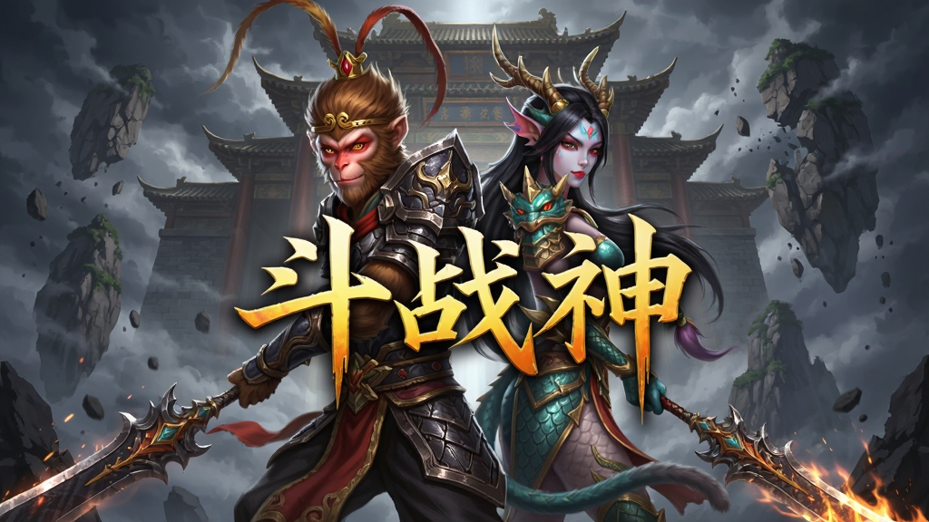 横版游戏宣传图,主体为《斗战神》中灵猴与龙女背靠背站立,身穿暗黑金属铠甲,手持发光武器,背景是乌云密布的南天门与破碎的浮空山,画面中央悬浮金色大字“斗战神”,整体布局左右对称,排版具有史诗感,风格为写实暗黑国风CG,细节呈现铠甲纹理与飘动衣袂,画质高清,干净无多余元素