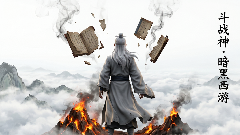 竖构图剧情CG截图,主体为白发道人“菩提老祖”背对玩家,站在太白山云海之巅,面前悬浮着破碎的经书,下方是燃烧的火焰山,画面右侧竖排小字“斗战神暗黑西游”,布局以中轴线构图,排版留白大气,风格为水墨与写实结合,细节呈现飘渺烟雾与衣袍褶皱,画质细腻,干净无多余元素
