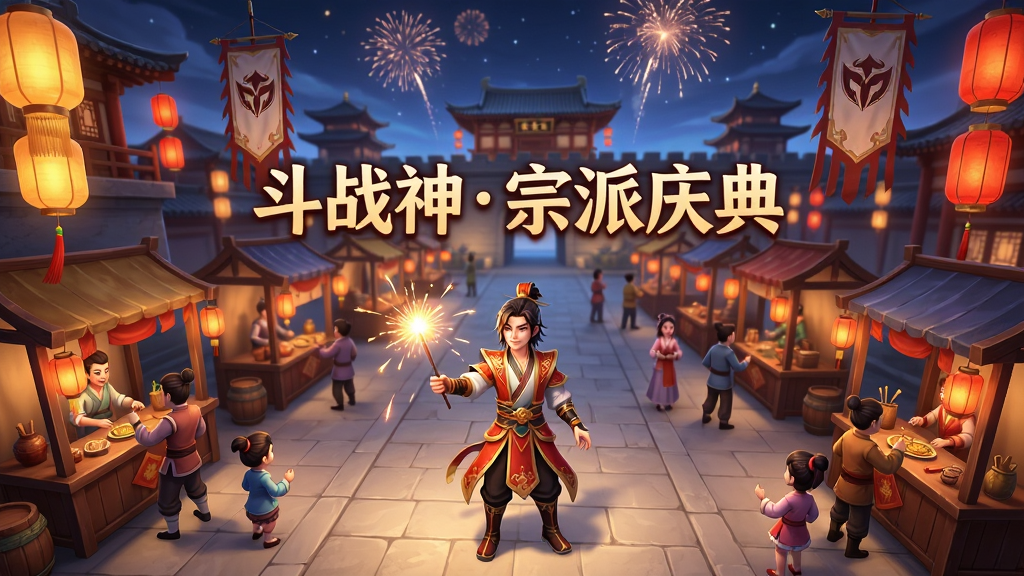 社交场景图,主体为游戏中的“长安城”夜景,玩家角色穿着节日时装在广场上燃放烟花,周围是热闹的玩家摊位,远处有宗派旗帜与红灯笼,画面中央悬浮“斗战神宗派庆典”,布局为俯视全景,排版喜庆祥和,风格为明亮国风场景原画,细节呈现灯笼穗子与人物表情,画质通透,干净无多余元素