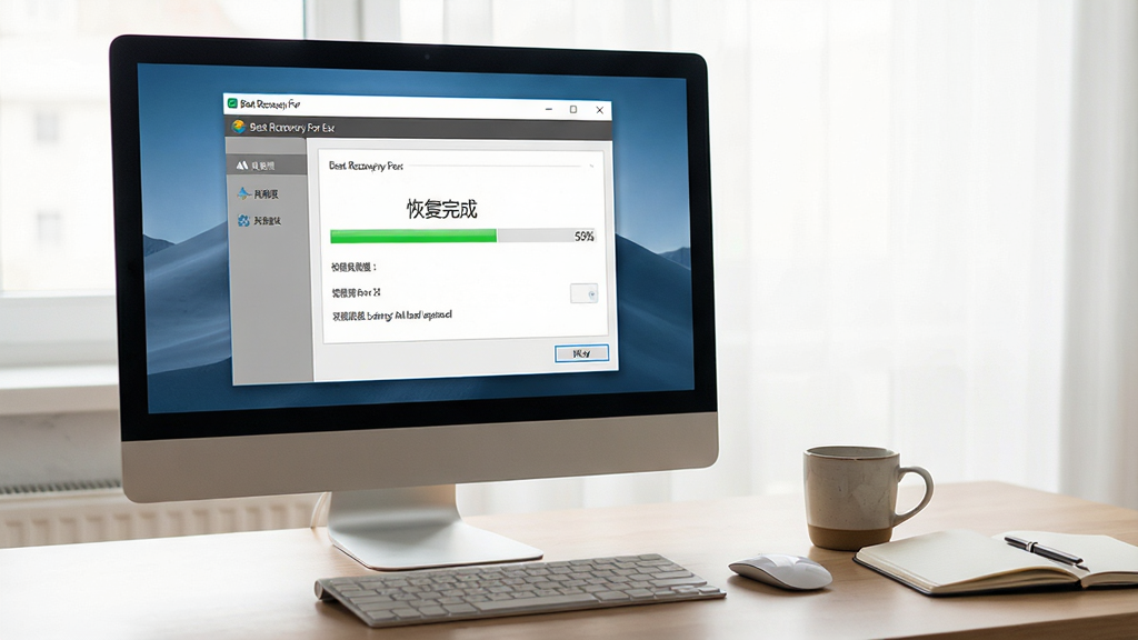 主体:一张电脑屏幕正在运行“Best Recovery For Esx”软件,屏幕前有一杯咖啡。布局:电脑位于画面中央偏左,右侧留白放置咖啡杯与笔记本。排版:屏幕上软件界面清晰可辨,展示着文件恢复进度百分比。风格:生活化工作场景,光线柔和。细节:屏幕显示“恢复完成”字样,键盘鼠标摆放整齐。画质:4K高清摄影,干净,无多余元素。