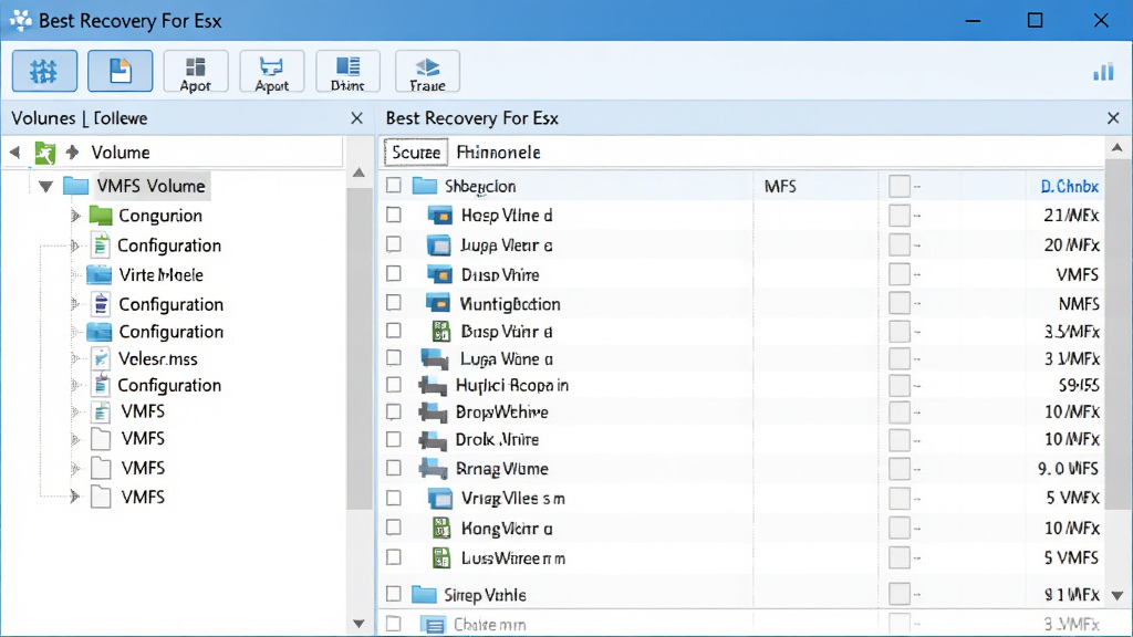 主体:软件“Best Recovery For Esx”的深度扫描界面,界面中展示着VMFS卷的目录树结构。布局:全屏截图样式,窗口左侧为卷列表,右侧为扫描出的文件明细。排版:界面设计简洁,功能按钮排列在顶部工具栏。风格:现代扁平化UI风格,蓝色与白色为主色调。细节:文件类型图标清晰可见,包括虚拟机配置与磁盘文件。画质:高清晰度界面截图,干净,无多余元素。