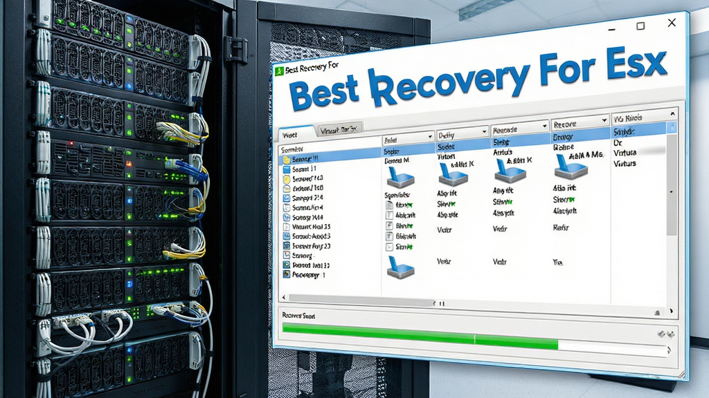 主体:一台运行着多个虚拟机的服务器机柜前,屏幕上显示“Best Recovery For Esx”软件界面,界面中清晰列出扫描到的虚拟机磁盘文件。布局:左侧为服务器设备,右侧为放大的软件窗口,形成对角线构图。排版:软件窗口置于画面视觉中心,标题文字“Best Recovery For Esx”以醒目的蓝色字体显示在窗口顶部。风格:写实科技风,色彩明亮。细节:服务器指示灯闪烁,软件界面包含文件列表与恢复进度条。画质:8K超高清,干净,无多余元素。