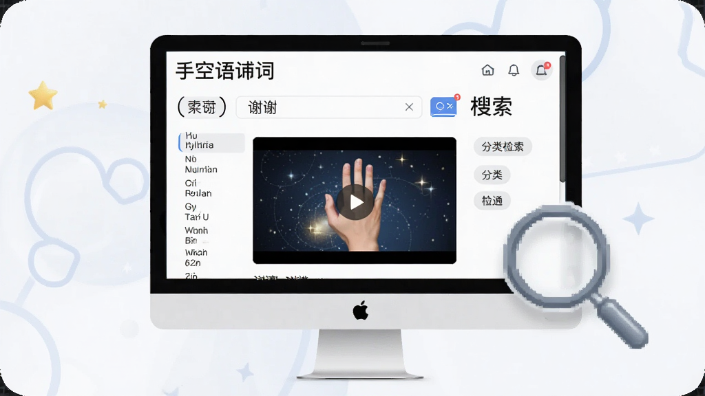 一幅展示“星空手语词典”智能检索功能的场景图,主体为电脑屏幕与放大镜图标,屏幕内显示关键词“谢谢”的搜索结果并配有视频预览窗口,布局清爽,风格现代简约,细节包含拼音索引条与分类标签,画质清晰干净。
