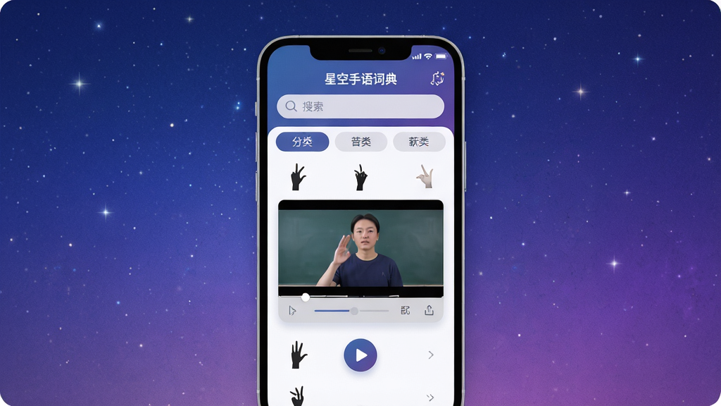 一张展示“星空手语词典”应用界面全貌的立体模型图,主体为智能手机屏幕,屏幕内显示手语词汇列表与播放中的教学视频,背景为星空渐变蓝紫色调,布局居中,风格扁平化且带有微质感,细节包含搜索栏、分类标签和播放按钮,画质高清干净,无多余元素。