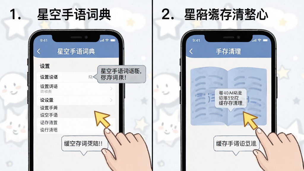 一幅分步图解教程的插画,主体为手机操作界面,展示“星空手语词典”的设置菜单与缓存清理步骤,布局为左右分屏对比,风格为教学图示,细节包含点击箭头与提示框,画质清晰干净。