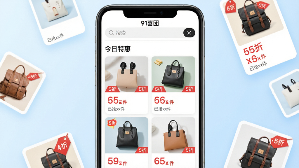主体:91喜团App的“今日特惠”页面,页面上方有搜索栏,下方以两列瀑布流形式展示商品卡片,每张卡片包含商品照片、价格标签和“已抢xx件”小字。布局:手机屏幕占画面主体,背景为柔和的浅蓝色渐变,屏幕周围散落着几张带折扣标签的商品图片。排版:卡片整齐排列,价格用红色大字突出。风格:写实与UI设计结合,明亮通透。细节:商品照片清晰逼真,价格标签写有“5折”字样,屏幕顶部写有“91喜团”文字。画质:高清,干净,无多余元素。