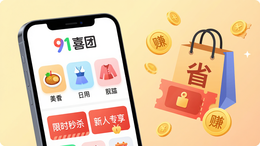 主体:一部亮屏的智能手机,屏幕中展示91喜团App界面,上方显示“91喜团”彩色Logo,中间是美食、日用、服饰等商品分类图标,下方有“限时秒杀”和“新人专享”红色横幅。布局:手机居中偏左,右侧漂浮着购物袋、优惠券、金币等元素。排版:界面清晰,图标圆润。风格:现代扁平化插画风格,色彩明亮活泼,背景为淡黄色到浅橙色的渐变。细节:界面文字清晰可读,购物袋上写有“省”字,金币上写有“赚”字。画质:8K,干净,无多余元素。