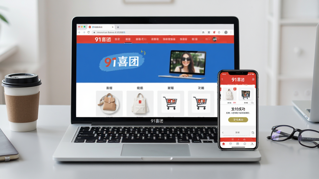 主体:一台笔记本电脑和一部的手机并排放置,电脑屏幕显示91喜团官网页面,手机屏幕显示91喜团App购物车界面。布局:设备居中,背景为浅灰色工作台,周围有咖啡杯和眼镜。排版:设备屏幕清晰展示界面,文字可辨。风格:写实摄影风格,光线柔和。细节:电脑屏幕写有“91喜团”字样,手机屏幕显示“支付成功”提示。画质:4K,干净,无多余元素。