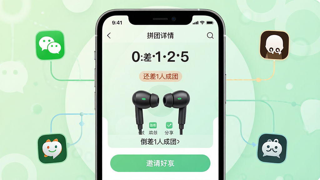 主体:91喜团App的“拼团详情”界面,显示一个正在进行的拼团活动,商品是蓝牙耳机,页面有“还差1人成团”的提示、倒计时和分享按钮。布局:手机屏幕居中,背景为柔和圆形图案,周围有微信、QQ等社交软件图标和连接线。排版:信息层级分明,按钮醒目。风格:社交化UI插画风,色彩清新,背景为浅绿色渐变。细节:倒计时数字清晰,分享按钮写有“邀请好友”字样,耳机图片高清。画质:清晰,干净,无多余元素。