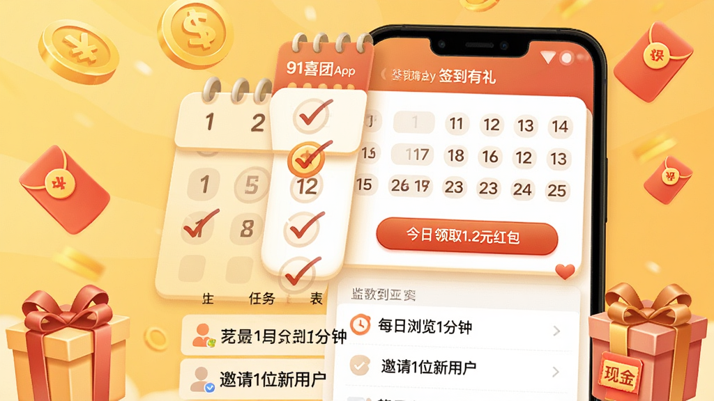 主体:91喜团App的“签到有礼”页面,一个日历形状的签到面板,已签到的日期上打勾,今日签到按钮显示“领取1.2元红包”,下方是任务列表,如“每日浏览1分钟”、“邀请1位新用户”。布局:手机屏幕居中偏右,背景有金币、礼物盒、红包等装饰。排版:日历在顶部,任务列表在下方,清晰有序。风格:卡通插画与UI结合,背景为暖黄色。细节:红包上写有“现金”字样,礼物盒系着蝴蝶结,日期数字清晰。画质:干净,无多余元素。