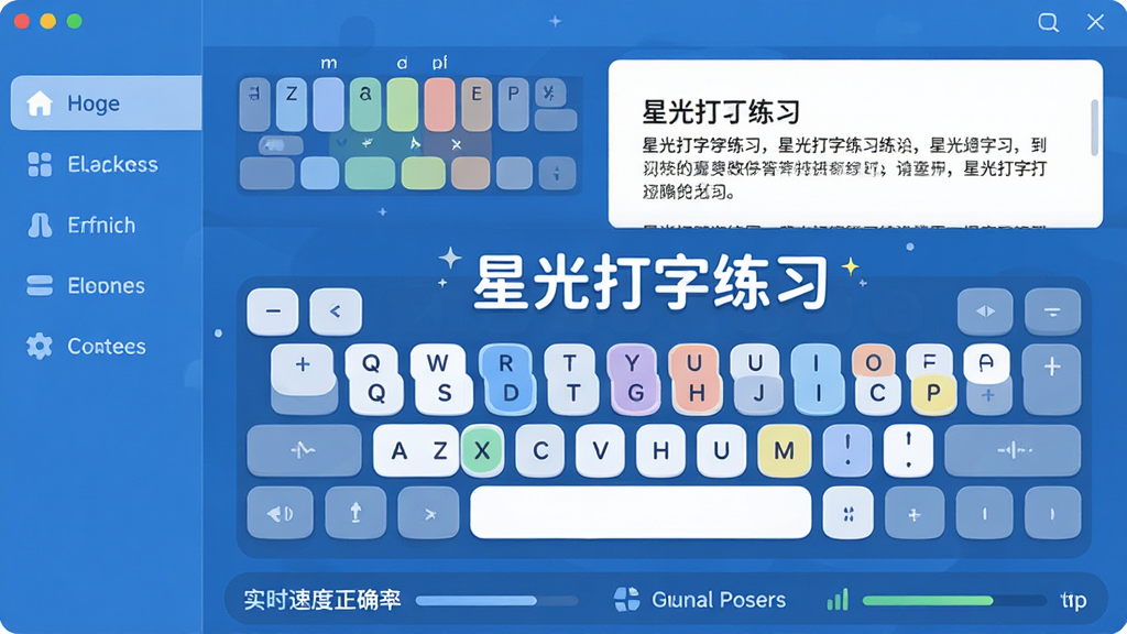 主体:星光打字练习软件主界面,显示键盘指法分区图和打字练习文章。布局:左侧为功能导航栏,右侧为打字练习区域,底部为实时速度正确率统计栏。排版:清晰简洁,字体圆润。风格:扁平化设计,蓝白主色调。细节:画面中央有“星光打字练习”字样,键盘上高亮显示手指对应区域。画质:高清,干净,无多余元素。