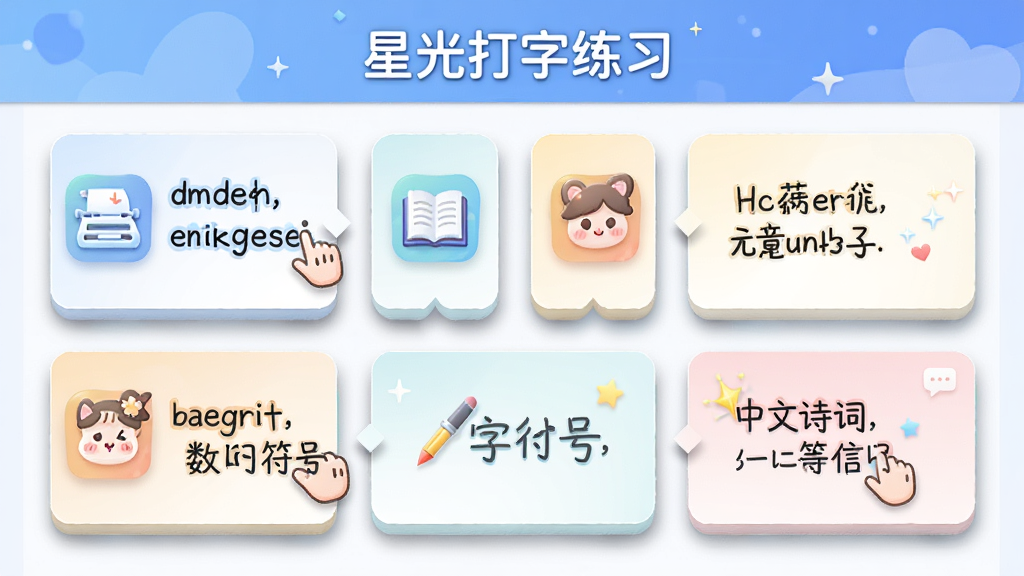 主体:星光打字练习的练习模式选择界面,包括英文文章、中文诗词、数字符号等卡片图标。布局:网格状排列,每个卡片有示例文字。排版:整齐,现代感。风格:清新活泼。细节:界面顶部有“星光打字练习”字样,卡片带有阴影效果。画质:高清,干净,无多余元素。