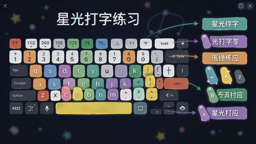 主体:星光打字练习的指法教学界面,虚拟键盘上不同手指区域用彩色区分。布局:中央大键盘图,右侧为手指对应提示文字。排版:清晰,色彩分区明确。风格:简约教育风格。细节:键盘上标有“星光打字练习”字样,手指区域颜色与说明文字颜色对应。画质:高清,干净,无多余元素。