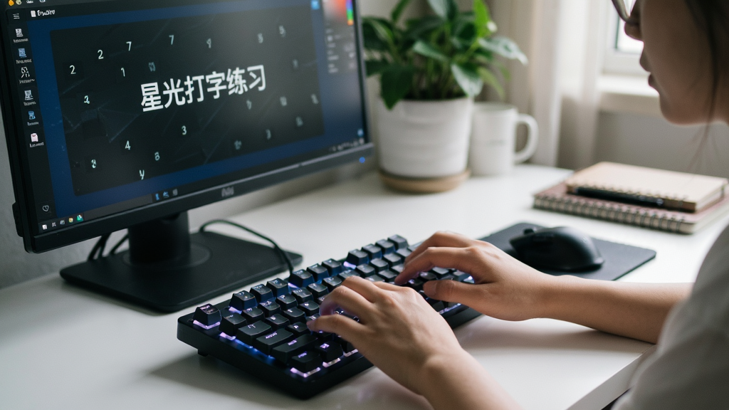 主体:用户正在使用星光打字练习进行打字训练,手指在键盘上敲击。布局:侧面视角,屏幕显示软件界面。排版:自然,有生活感。风格:写实摄影风格。细节:屏幕上有“星光打字练习”字样,键盘有背光。画质:高清,干净,无多余元素。