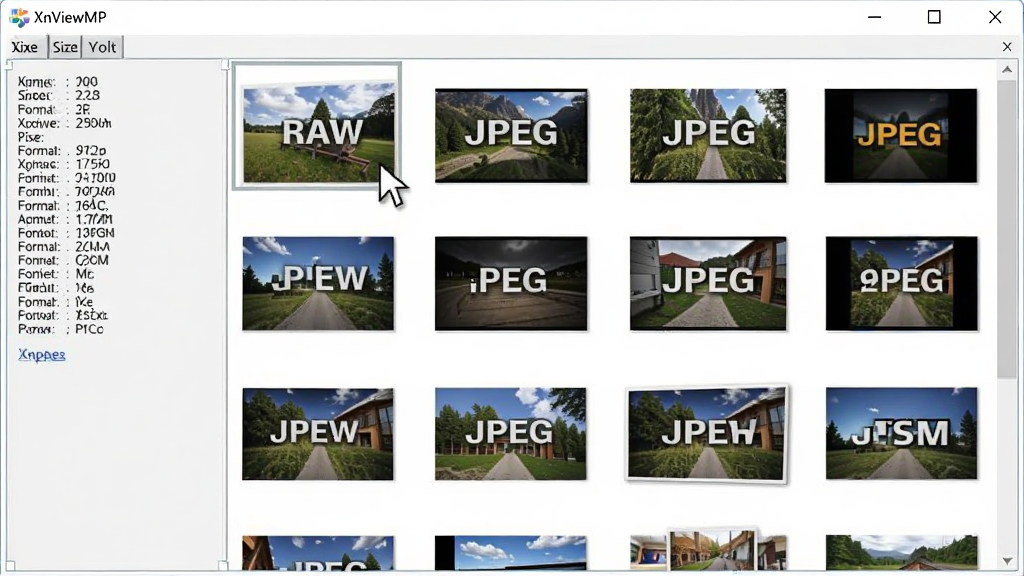 XnViewMP软件界面中,展示着各种不同格式的图片文件缩略图,包括RAW、JPEG、PNG等,鼠标悬停在某一缩略图上,左侧显示图片的详细信息如尺寸、大小、格式,背景为浅灰色界面,软件名称“XnViewMP”在窗口顶部,布局规整,画质清晰,干净无多余元素