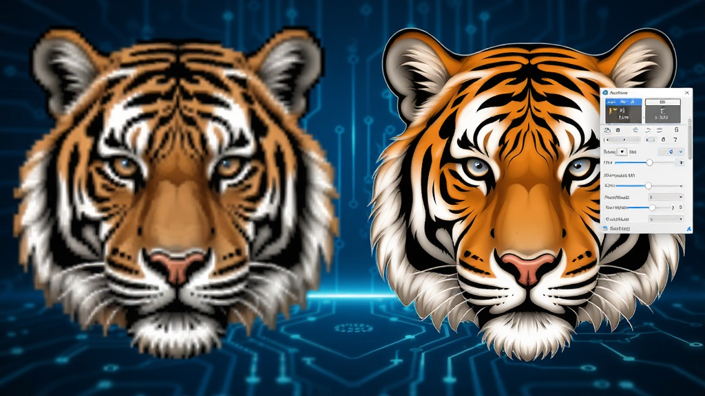 一张对比图,左侧是像素化的位图老虎头像,右侧是经过AlgoLab Photo Vector转换为平滑曲线的矢量老虎头像,软件界面悬浮在右侧,显示参数调节面板,布局左右对称,蓝色科技背景,风格写实,细节丰富,画质高清,干净无多余元素