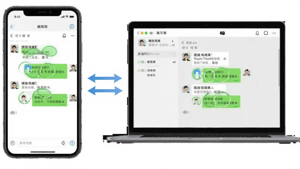 微信电脑版多端同步功能示意图,主体为一部智能手机与一台笔记本电脑并排放置,屏幕中均显示相同的微信聊天界面,中间以双向箭头连接,布局对称,风格简洁现代,细节突出同步概念,画质清晰干净,无多余元素