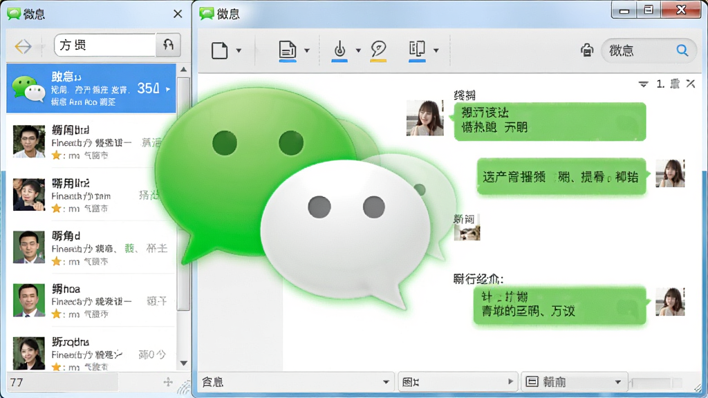 微信的官方界面预览图,主体为微信经典的绿色对话气泡图标与简洁的Windows风格聊天窗口,布局清晰,左右分栏展示会话列表与聊天区域,风格写实,细节丰富,画质清晰干净,无多余元素