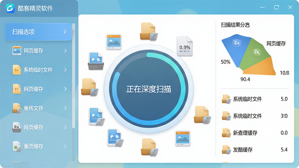 ���壺��;����������ڽ�������ɨ��Ľ��棬һ��Բ�ε�ɨ����Ȼ�����Χɢ���ű������Ļ����ļ�ͼ�ꡣ���֣����ҽṹ�����Ϊɨ��ѡ���б����Ҳ�Ϊ��ϸ��ɨ��������չʾ���Ű棺����������ͼ���б���Ϸ�ʽ���֣�����ֱ�ۡ�������ﻯ���ƽ����ϣ�ɫ������������ϸ�ڣ����Ȼ�����ʾ���������ɨ�衱��������ɨ������ļ����Ͱ�������ҳ���桱����ϵͳ��ʱ�ļ����ȣ������ж�Ӧ��Сͼ�꣬����logo�����ڽ������Ͻǡ����ʣ��߷ֱ��ʣ��ɾ����޶���Ԫ�ء�