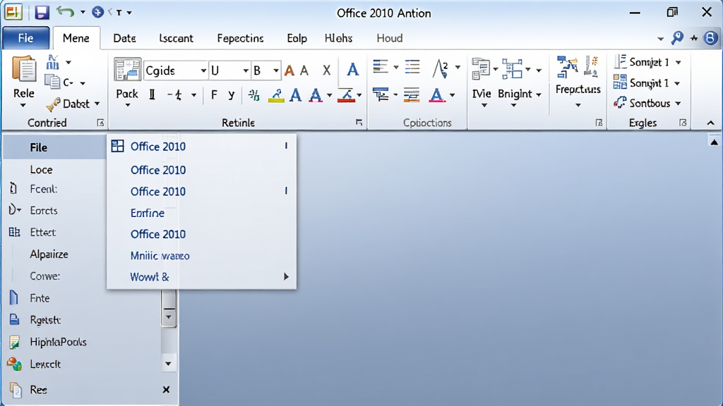 主体为Office 2010个人版软件中的Word编辑界面,上方清晰展示功能区选项卡,左侧显示文件菜单下拉选项,布局为电脑屏幕截图样式,排版规整,风格简洁明亮,细节包括彩色功能图标与菜单文字,画质清晰,干净无多余元素,图片中可包含“文件”菜单文字。