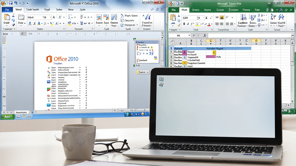 主体为微软Office 2010个人版软件主界面,屏幕上清晰显示Word文档编辑页面与Excel表格窗口,前景摆放一台笔记本电脑,旁边有咖啡杯和眼镜,布局为室内办公桌视角,排版干净整洁,风格写实细腻,细节包括界面中的功能菜单与彩色图标,画质高清,干净无多余元素,图片中不出现文字。