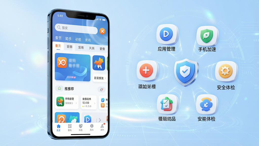主体:搜狗手机助手软件界面展示,一部大屏智能手机屏幕内显示助手主界面,界面布局清晰,上方有搜索框和分类标签,中部是应用推荐卡片,下方是功能导航栏。布局:手机居中偏左,右侧为软件核心功能图标环绕排列(如应用管理、手机加速、安全体检等),整体呈辐射状,背景为浅蓝色渐变。排版:画面干净,手机屏幕内容可辨,功能图标带简洁文字标签,留白充足。风格:科技感、现代简约风,色彩明亮清新,高光渲染。细节:手机屏幕反射柔和光线,功能图标立体精致,背景有轻微科技网格纹理。画质:8K超高清,干净,无多余元素。
