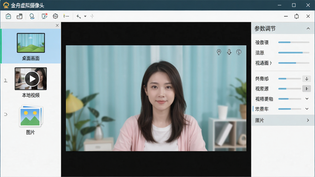 主体:金舟虚拟摄像头软件运行界面,左侧列表展示“桌面画面”、“本地视频”、“图片”等多个虚拟视频源选项。布局:界面中央为大型预览窗口,右侧为参数调节面板。排版:列表式菜单,预览窗口比例16:9。风格:扁平化设计,色彩清新。细节:软件名称“金舟虚拟摄像头”在顶部工具栏,预览窗口显示切换效果。画质:高清细腻,干净,无多余元素。