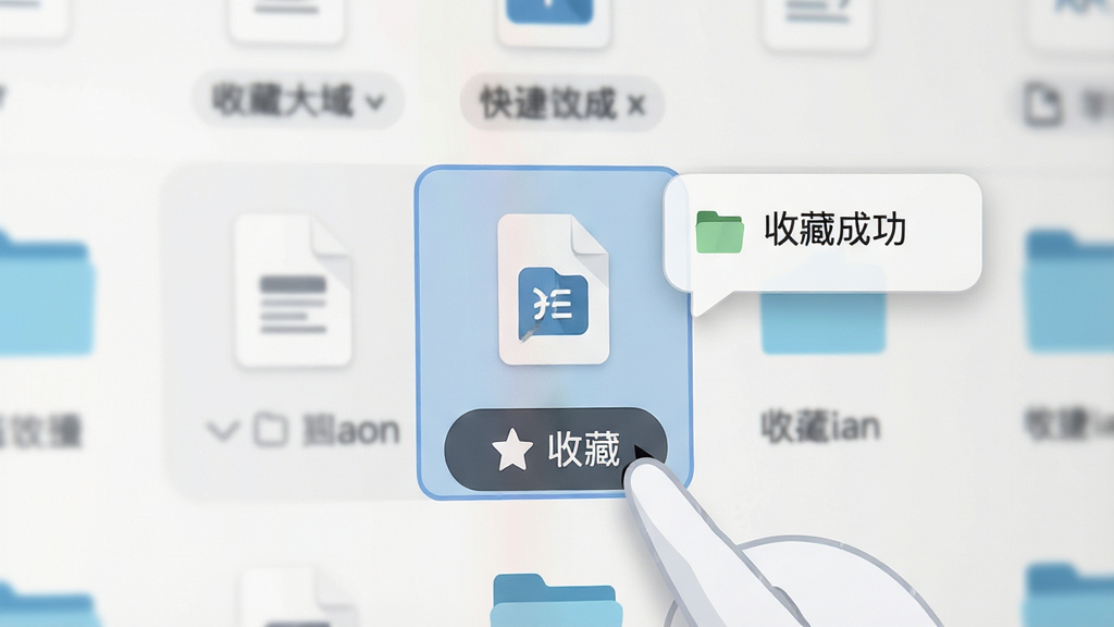 主体为鼠标点击“收藏”按钮瞬间的界面特写,屏幕上显示一个文件被高亮选中,旁边弹出收藏成功的小气泡提示。布局为居中特写视角,突出按钮和文件图标。排版简洁,背景虚化处理,风格为扁平化插画与真实界面结合,细节包括文件类型图标、文件夹层级、快捷键提示。画质清晰,干净无多余元素,色调柔和。