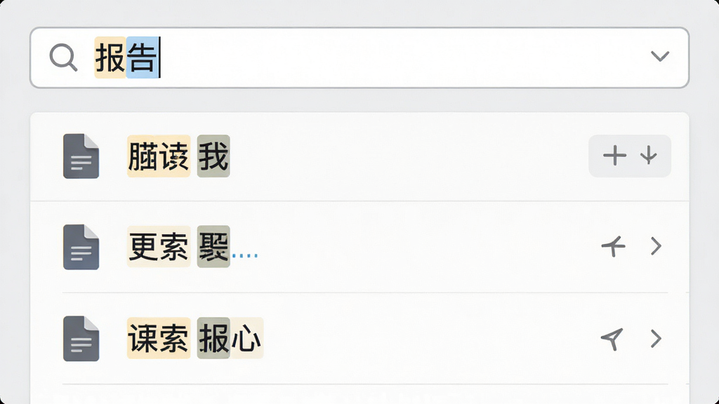 主体为袖子文件收藏夹的搜索功能演示,搜索框中输入“报告”字样,下方结果列表显示多个匹配文件,其中关键词高亮。布局为上下结构,搜索框在上结果在下,风格为简洁的界面展示,细节包括文件图标、匹配文字标记、排序按钮。画质清晰,无多余元素,背景为浅灰色。