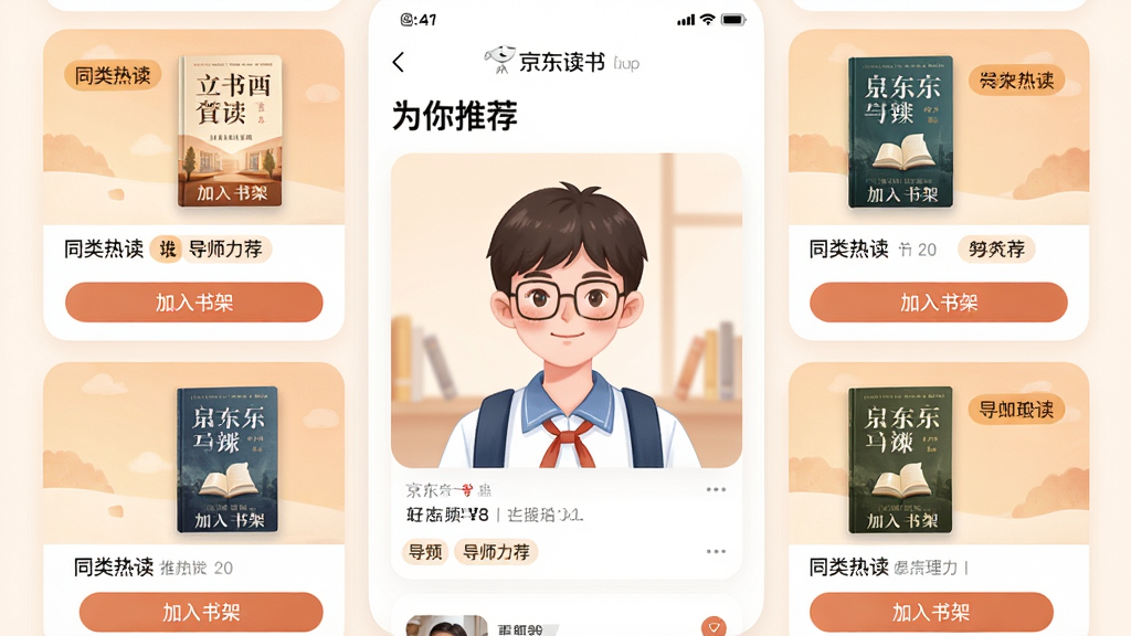 ���壺��������רҵ��app�ġ�Ϊ���Ƽ������棬������ʾһλѧ��ͷ����Χ�Կ�Ƭʽ����չʾ�ı��Ƽ��鼮��ÿ���·��С�������ܡ���ť�����֣����ҶԳƣ���ƬԲ�����С��Ű棺�ٲ���ʽ���Ӿ����㼯�С�������ůɫ�����廭��ʵ���ϡ�ϸ�ڣ��Ƽ������Ա�ǩ��ʽ���֣��硰ͬ���ȶ�������ʦ�����������ʣ������������޶���Ԫ�ء�