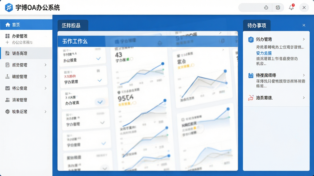 一张展示宇博OA办公系统主界面的高清截图,界面包含左侧导航栏、中央工作台、右侧待办事项,整体风格商务简约,色彩以蓝白为主,布局清晰,画质干净,无多余元素