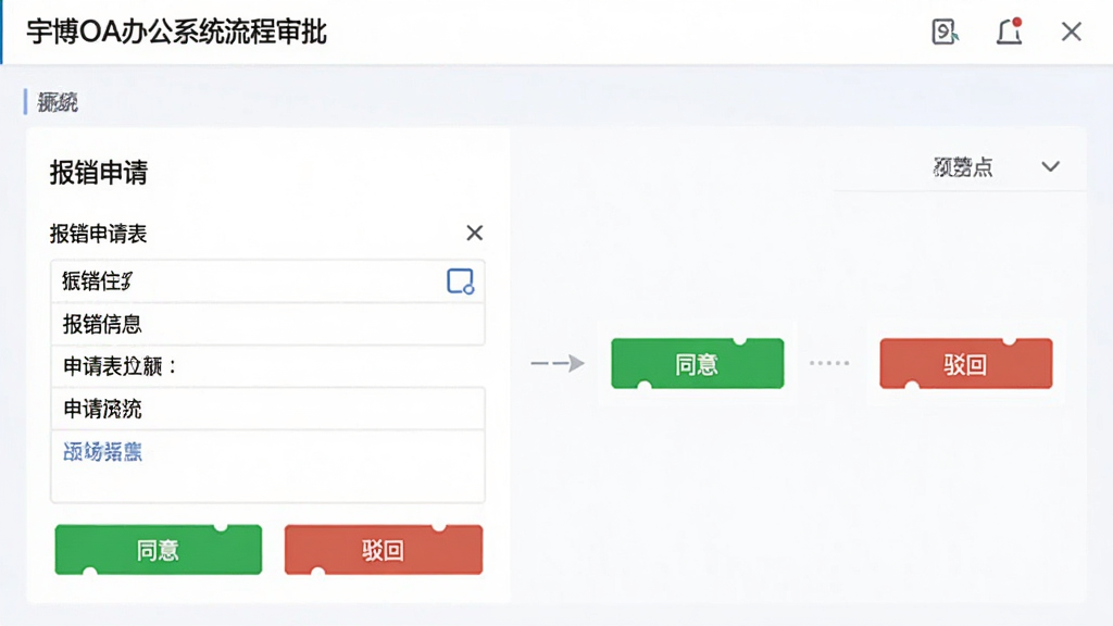 宇博OA办公系统流程审批界面预览图,显示一张报销申请表单正在流转,有“同意”、“驳回”按钮,界面风格清爽,文字清晰,画质干净