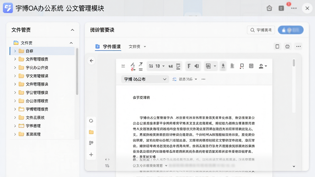 宇博OA办公系统公文管理模块截图,展示文件夹分类列表及一份打开的公文文档,页面采用卡片式布局,色调柔和,细节丰富,画质高清