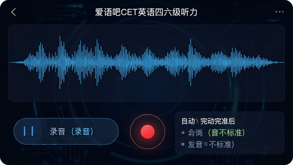 主体:“爱语吧CET英语四六级听力”跟读练习界面,上方为波形图,下方为录音按钮。布局:波形图占据上半部分,下方为原音播放按钮与录音按钮。排版:波形图实时显示声音变化,录音按钮为红色圆点。风格:科技感、互动性强。细节:录音完成后自动显示评分,并标注发音不标准的单词。画质:高清,界面简洁无多余元素。