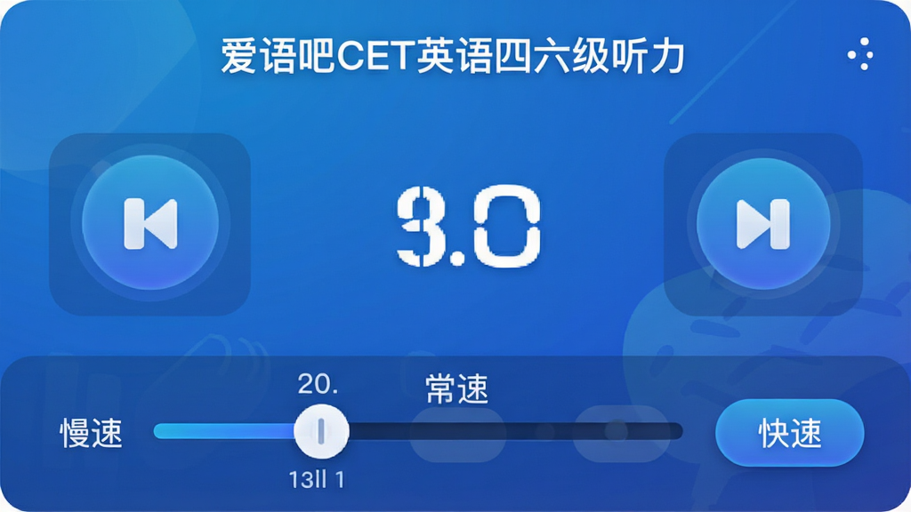 主体:“爱语吧CET英语四六级听力”播放器界面,下方为变速滑杆。布局:播放器居中,滑杆位于底部,上面显示当前倍速数值。排版:大按钮设计,易于点击,倍速数字醒目。风格:时尚、现代,蓝色渐变背景。细节:滑杆可拖动,旁边有“慢速”“常速”“快速”三个快捷按钮。画质:高清,界面干净无多余元素。