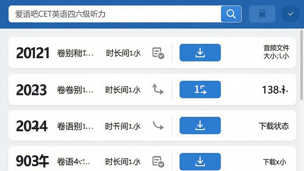 主体:“爱语吧CET英语四六级听力”真题列表界面,展示多个年份的听力套题。布局:列表式排列,每个条目包含年份、卷别、时长与下载状态图标。排版:信息紧凑,年份使用加粗字体,下载按钮为蓝色。风格:简洁、学术、清晰。细节:顶部有搜索框,可快速筛选年份,列表右侧显示音频文件大小。画质:干净、无多余元素,高清。