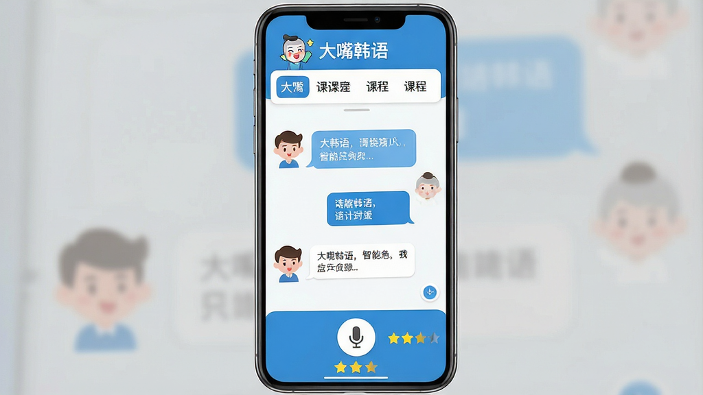 一张展示大嘴韩语软件主界面的高清截图,主体是手机屏幕内显示智能对话练习场景,界面布局清晰,顶部有“大嘴韩语”品牌Logo和课程列表,中间是卡通角色对话气泡,底部有麦克风按钮和评分星级。整体排版整洁明亮,采用扁平化设计风格,色彩以清新的蓝白为主色调,细节丰富,画质干净清晰,无多余元素。
