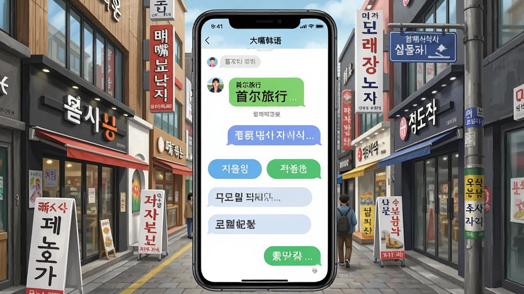 展示大嘴韩语App内“首尔旅行”主题场景课程的界面设计,主体是手机界面内呈现的明洞街头场景,布局以对话选择形式展开,选项按钮排列整齐,排版风格模拟聊天软件,风格写实插画风,细节有店铺招牌和韩文路标,画质高清干净,无多余元素。