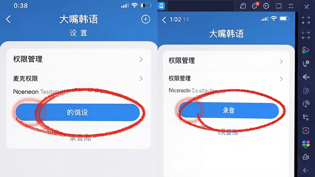 一张分屏对比图,左半边是手机版大嘴韩语的设置界面,右半边是电脑模拟器运行该软件的界面,主体突出麦克风权限设置选项的位置,布局简洁明了,红色圆圈标出关键按钮,风格为真实的截图拼接风格,细节有“权限管理”和“录音”字样,画质干净无多余元素。