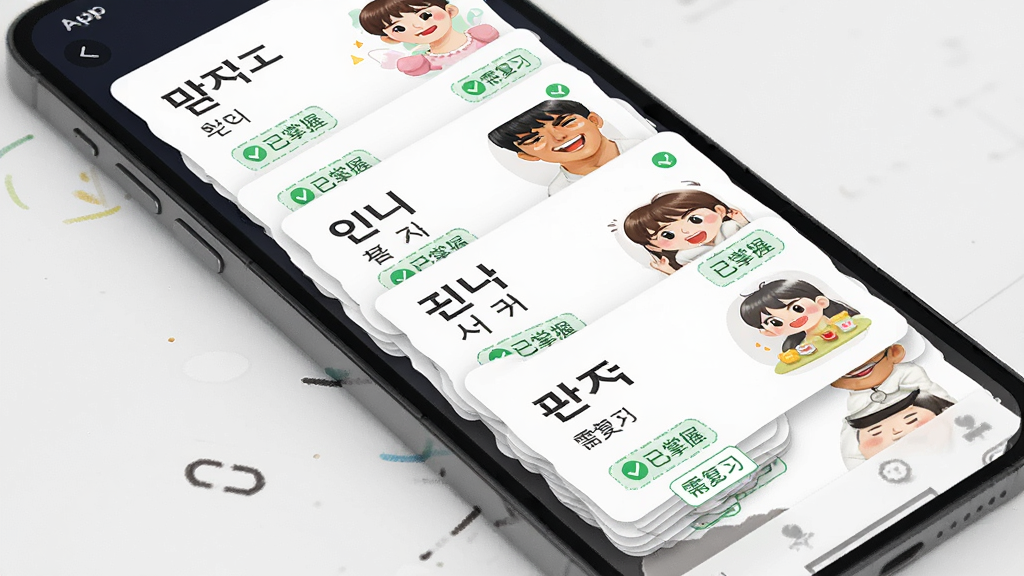 展示大嘴韩语App的单词学习卡片界面,主体是手机屏幕上一张张堆叠的单词卡,每张卡片上有韩文单词、中文释义和生动配图,布局采用瀑布流形式,排版错落有致,风格为简洁的杂志排版风,细节显示卡片有“已掌握”和“需复习”的标签,画质干净清新,无多余元素。