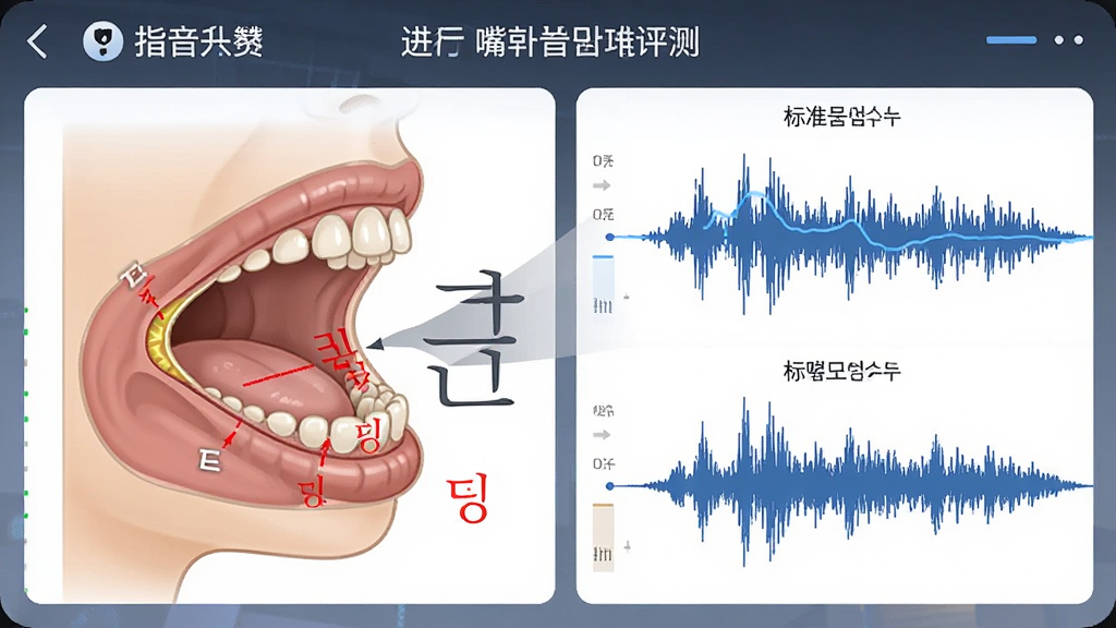 一张大嘴韩语App进行发音评测的功能截图,主体是放大的韩语音节“”的口腔侧面剖面图,布局为左侧是发音指导图,右侧是用户发音波形与标准波形对比图,排版规整,风格为科技感的教育图解风格,细节有红色标注的发音部位和蓝色标准音波线,画质干净清晰,无多余元素。